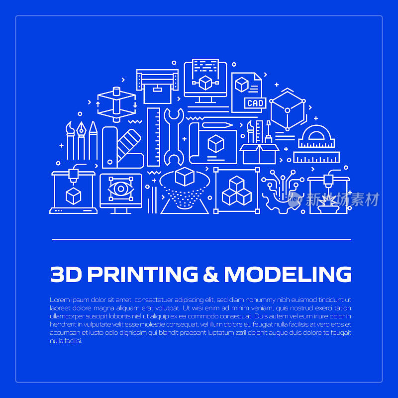 3D打印和建模相关的横幅设计网页，标题，小册子，年度报告和书籍封面