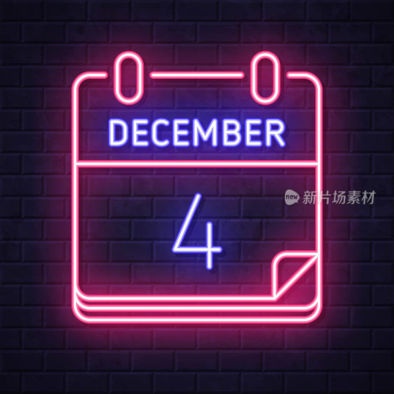 12月4日。在砖墙背景上发光的霓虹灯图标