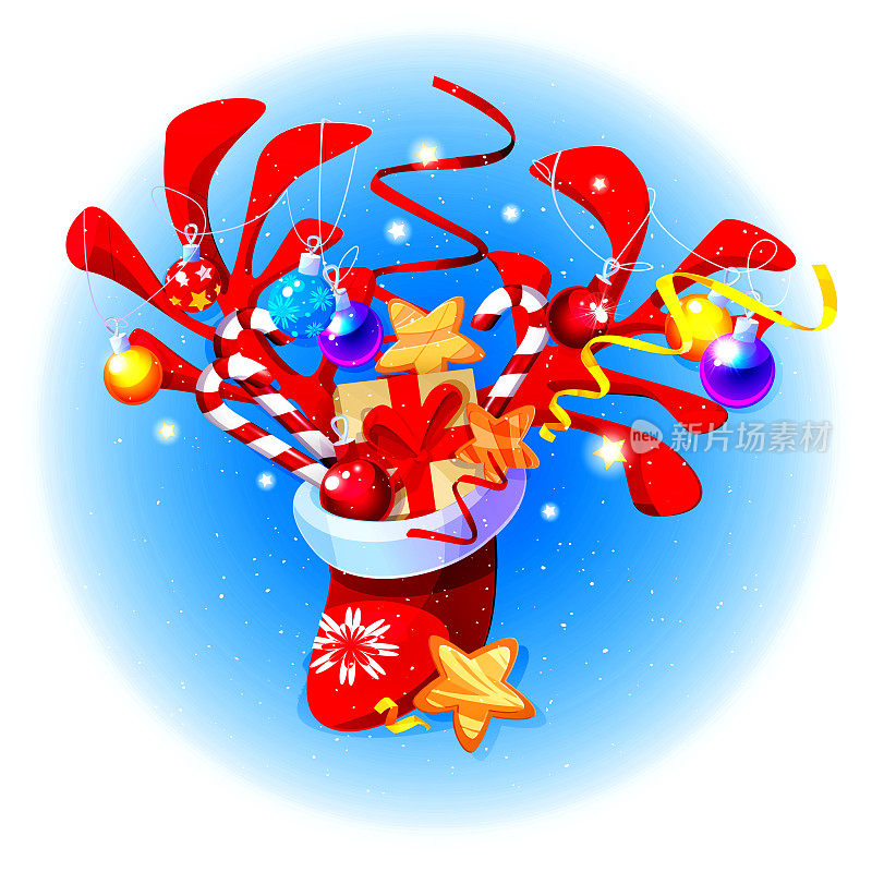 圣诞快乐!新年的袜子与礼物壁炉和圣诞树玩具与彩纸屑在一个抽象的颜色背景。创意矢量卡在卡通风格。