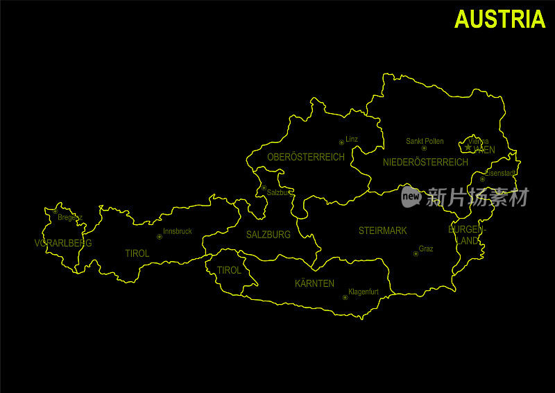 黑色背景下的奥地利霓虹灯地图