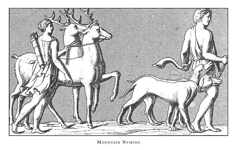山神，希腊节日和神话人物和场景雕刻古董插图，出版于1851年
