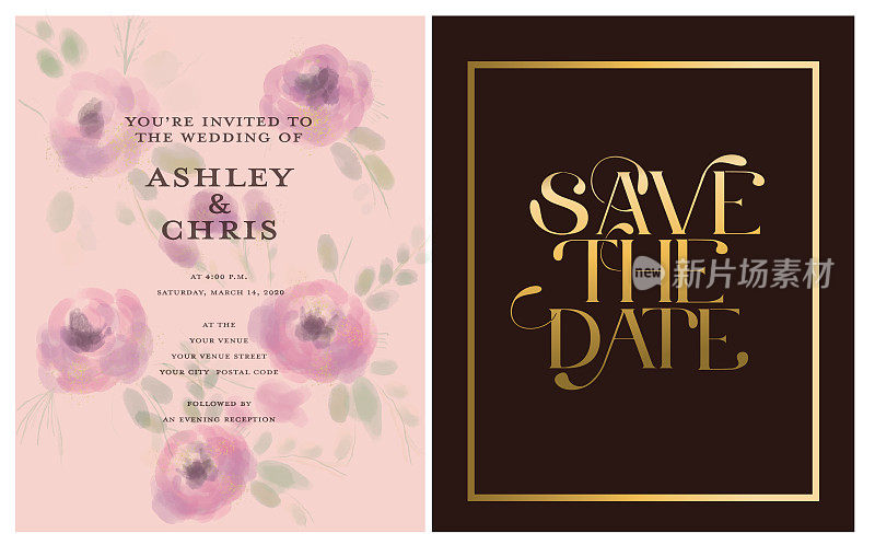 婚礼邀请设计模板与保存日期排版设计和水彩花卉
