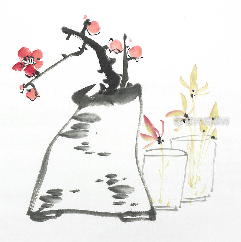 中国画的花，梅花在花瓶