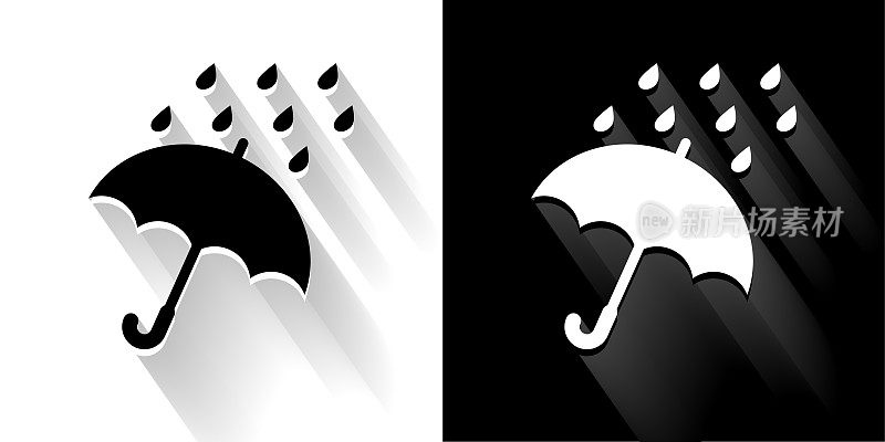 伞和雨黑色和白色图标与长影子