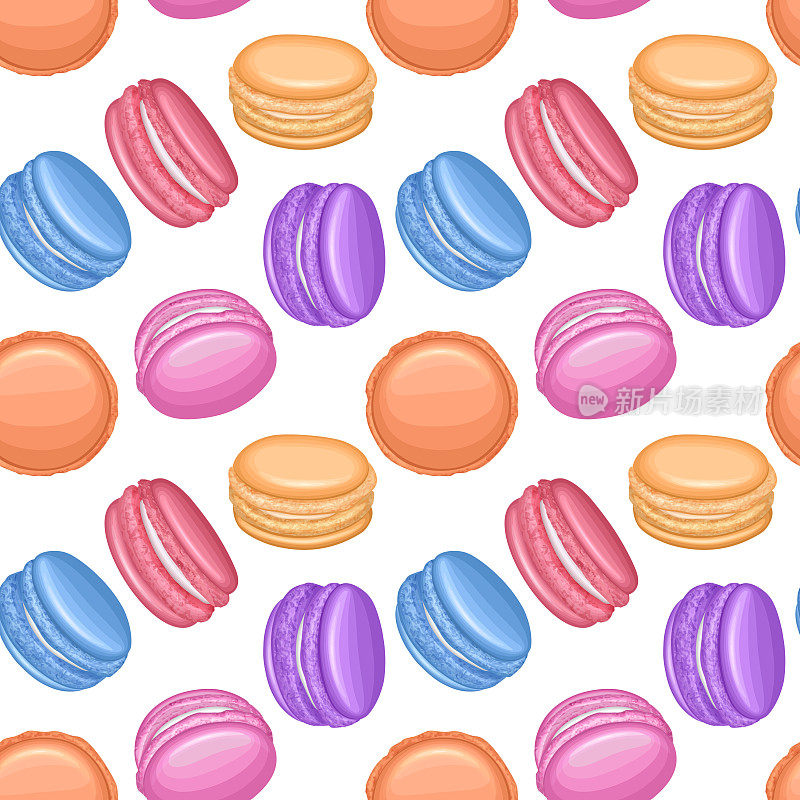 无缝模式与多种颜色的蛋白杏仁饼干。法国饼干，糕点糖果收集在卡通风格，矢量插图