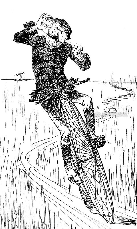 一个长胡子的老人骑着一辆旧自行车，寻找一只苍蝇，不用手
