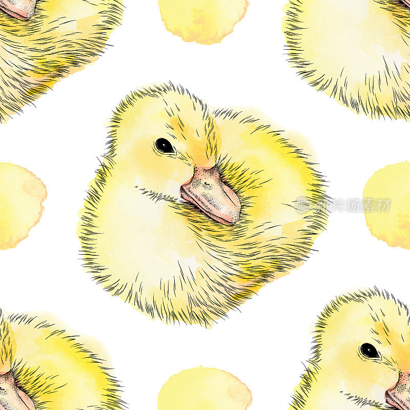 可爱的小鸭子水彩和墨水无缝图案-矢量EPS10插图