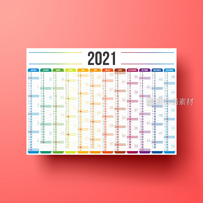 法国日历2021孤立在红色背景上