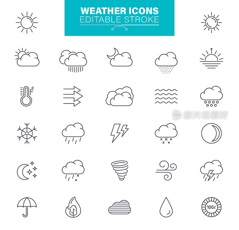 天气图标可编辑的描边。太阳，雨，雷雨，风，雪云，插图