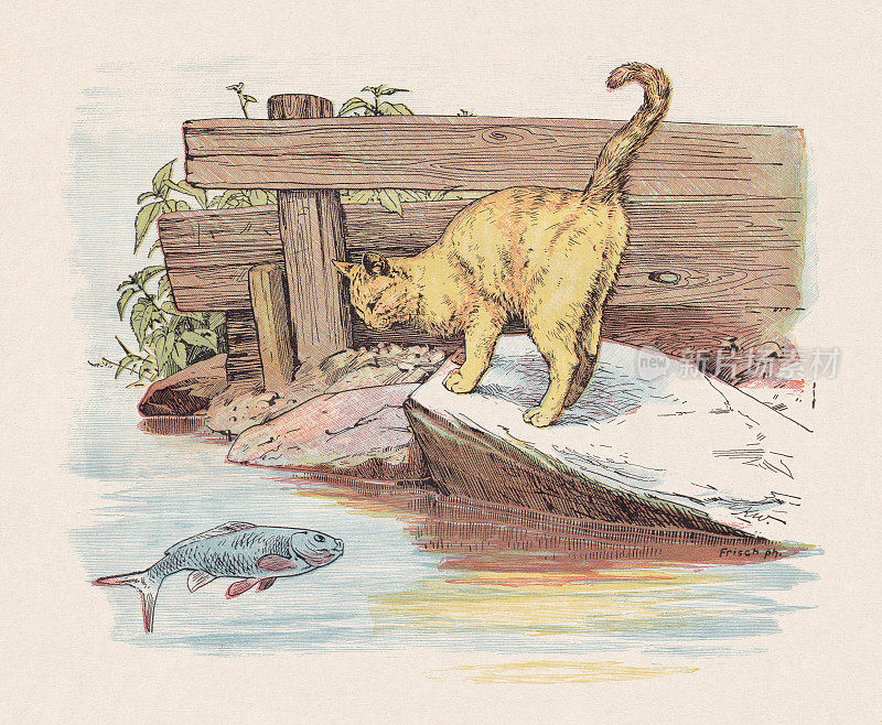 猫与鱼，彩色木版画，出版于1897年