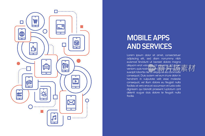 移动应用程序概念，移动应用程序和图标矢量插图