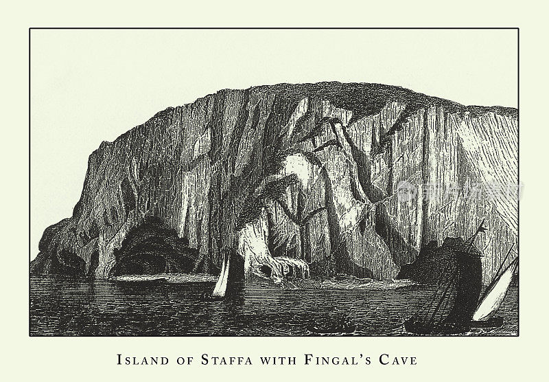 雕刻古董，斯塔法岛与芬格尔的洞穴，洞穴，冰山，熔岩和岩层雕刻古董插图，出版1851年