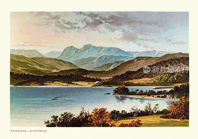 水头，温德米尔，英国湖区，维多利亚19世纪的风景