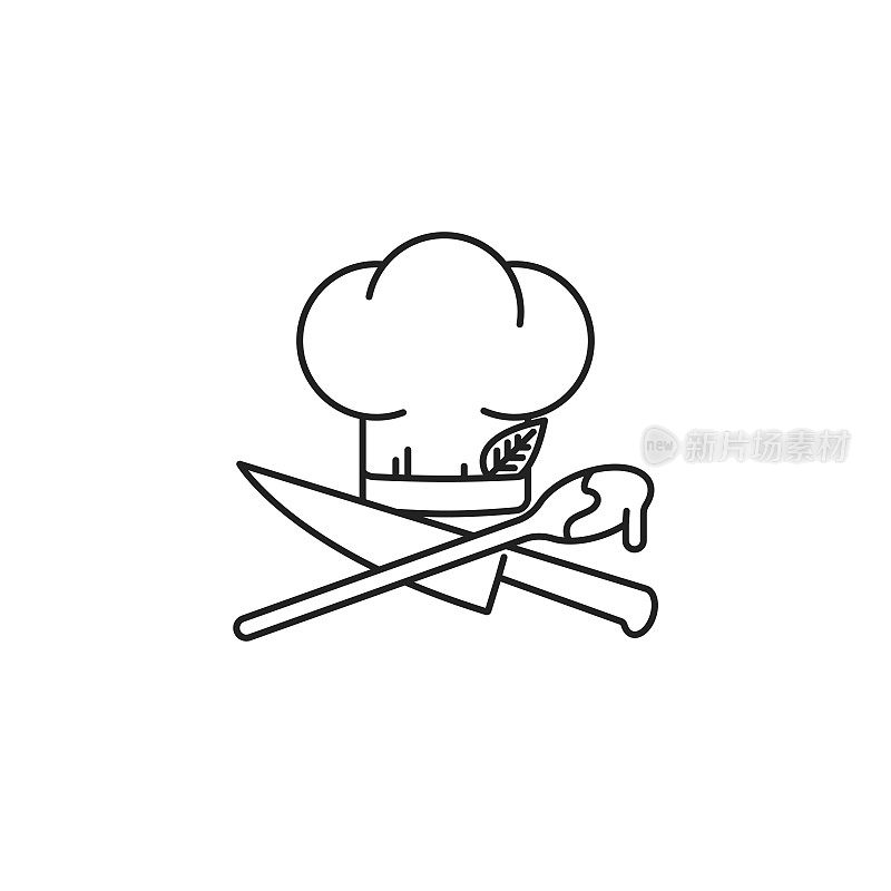 厨师的帽子与交叉的厨房刀和烹饪勺矢量线图标
