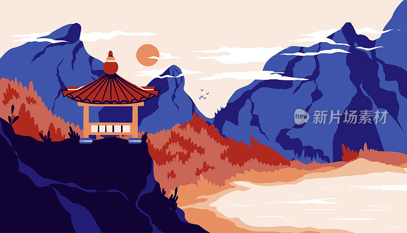 传统亚洲房屋平面卡通插图。韩国景观横幅设计。