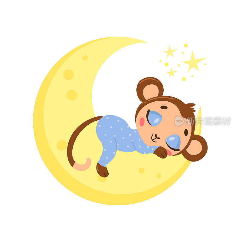 一个可爱的卡通猴子睡在月亮上的矢量插图。小动物在睡觉。