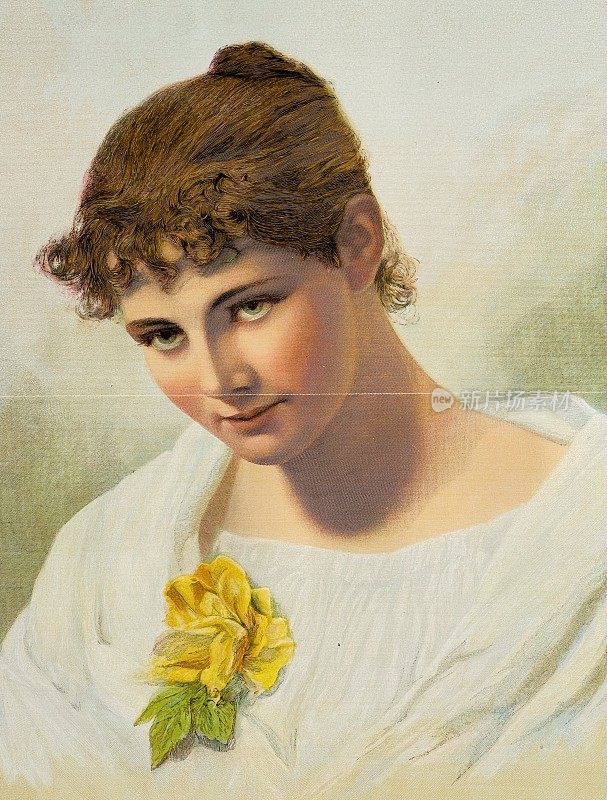 一个漂亮的年轻女子的肖像，带着一朵花，表示谦虚