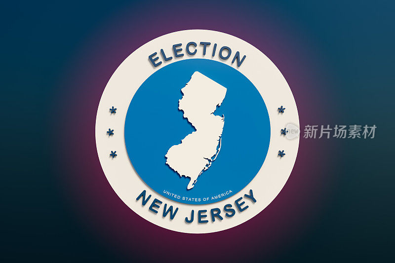 美国新泽西州选举。明亮的选举标志，中间是新泽西州的白色地图，背景是圆形的蓝色。
