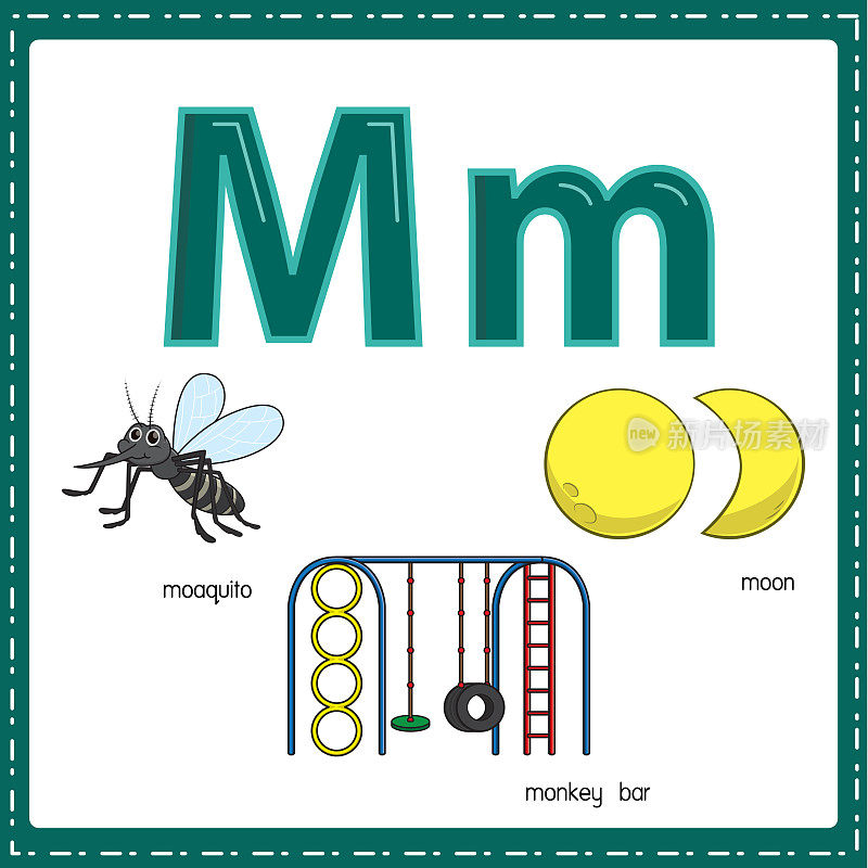 向量插图学习字母M的小写和大写的儿童与3卡通图像。蚊子猴子吧月亮。