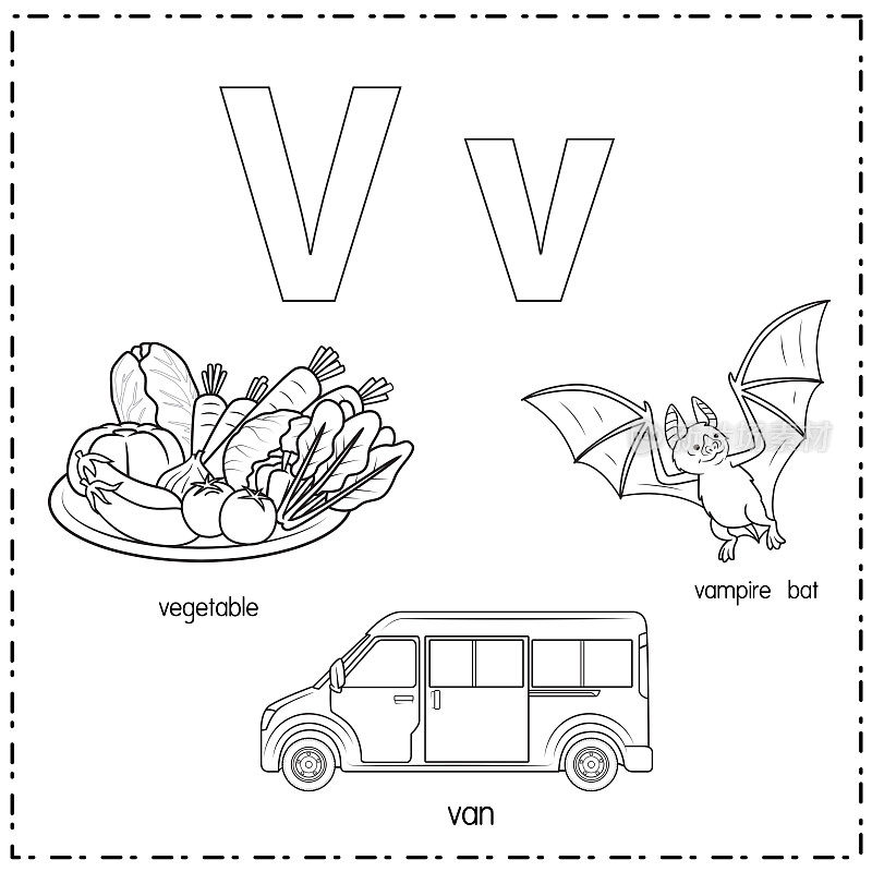 向量插图学习字母V的小写和大写的儿童与3卡通图像。蔬菜车吸血蝙蝠。