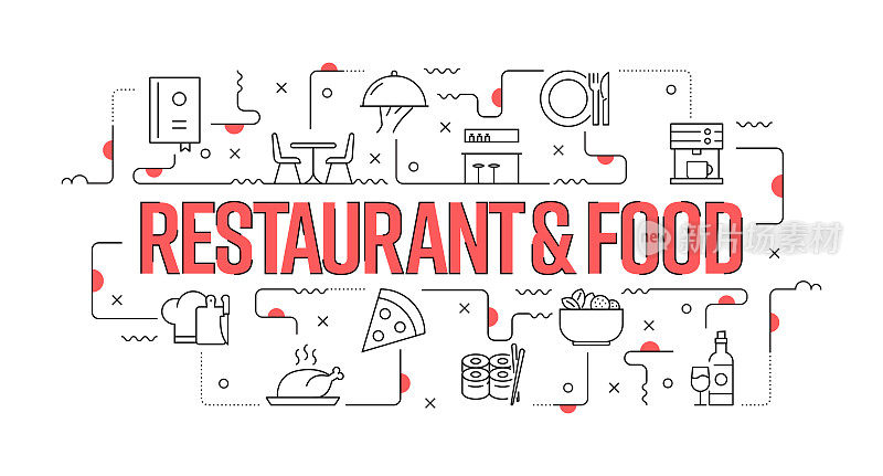 餐厅和食物网横幅线风格。现代设计矢量插图