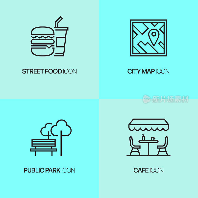 城市生活相关线图标。向量符号说明。
