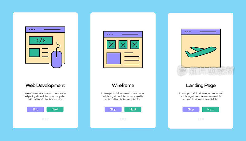 搜索引擎优化概念Onboarding移动应用程序页面屏幕与平面图标。UI设计模板矢量插图