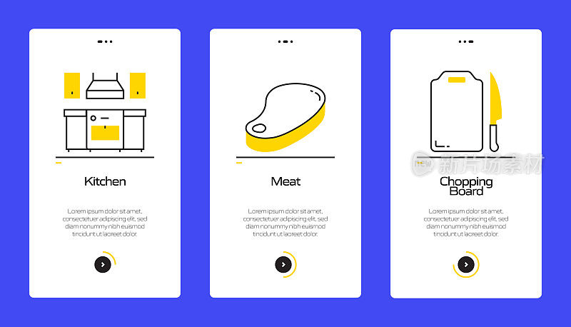 在移动应用页面上使用扁平图标的烹饪概念。用户体验，UI设计模板矢量插图