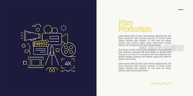 矢量集插图电影制作概念。线条艺术风格的网页，横幅，海报，印刷等背景设计。矢量插图。