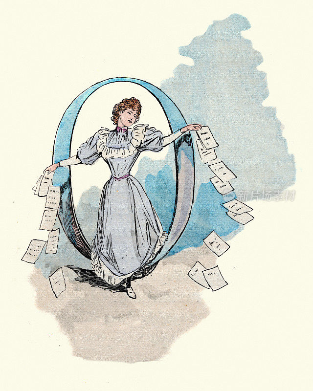 年轻女子扔传单，小册子，信件，维多利亚19世纪