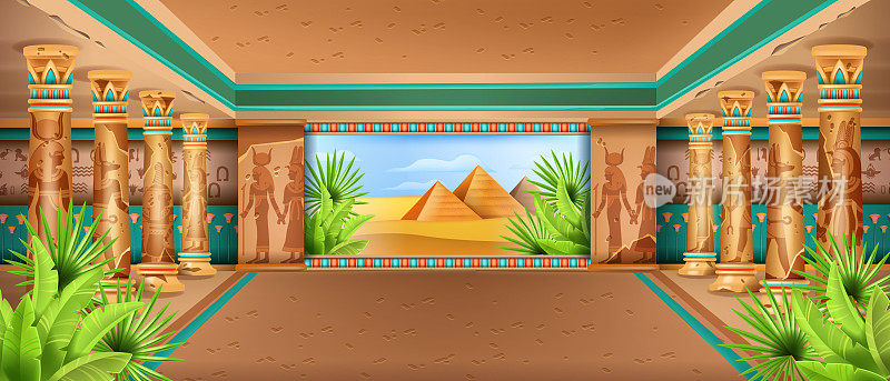 埃及神庙内部背景，向量古法老金字塔宫殿，埃及沙漠景观。