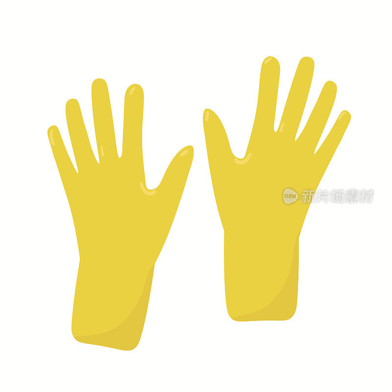 清洁用的黄色橡胶手套。矢状手套采用平面设计，适用于家务、防疫或抑菌、消毒、灭菌。符号和图标模板