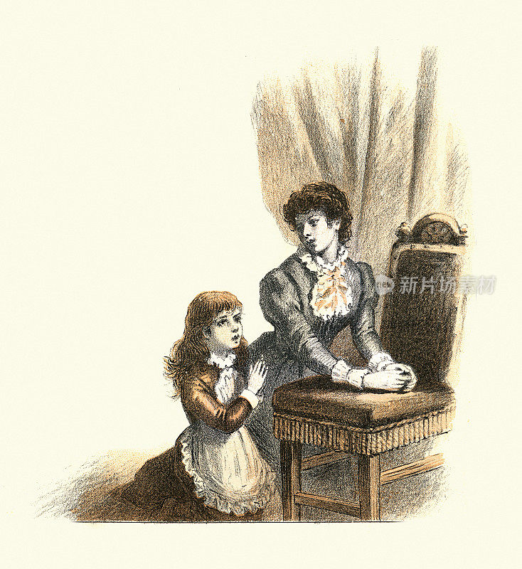 母亲和女儿一起捕猎，年轻的女人和女孩，19世纪80年代维多利亚时代