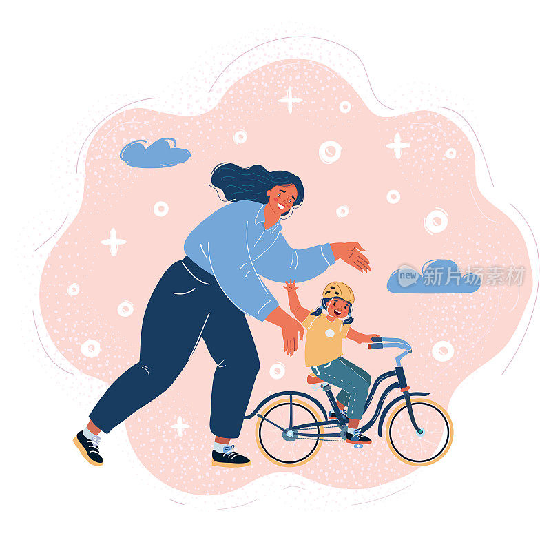 妇女教学和女孩学习骑自行车的矢量插图。母亲和女儿