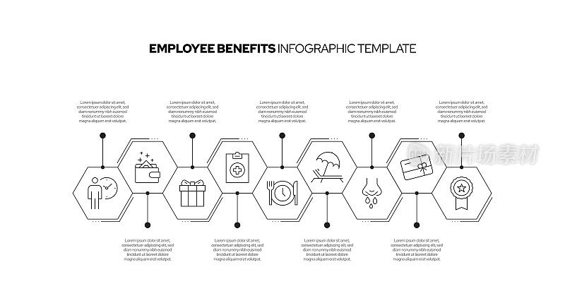 员工福利概念矢量线信息图形设计图标。9选项或步骤的介绍，横幅，工作流程布局，流程图等。