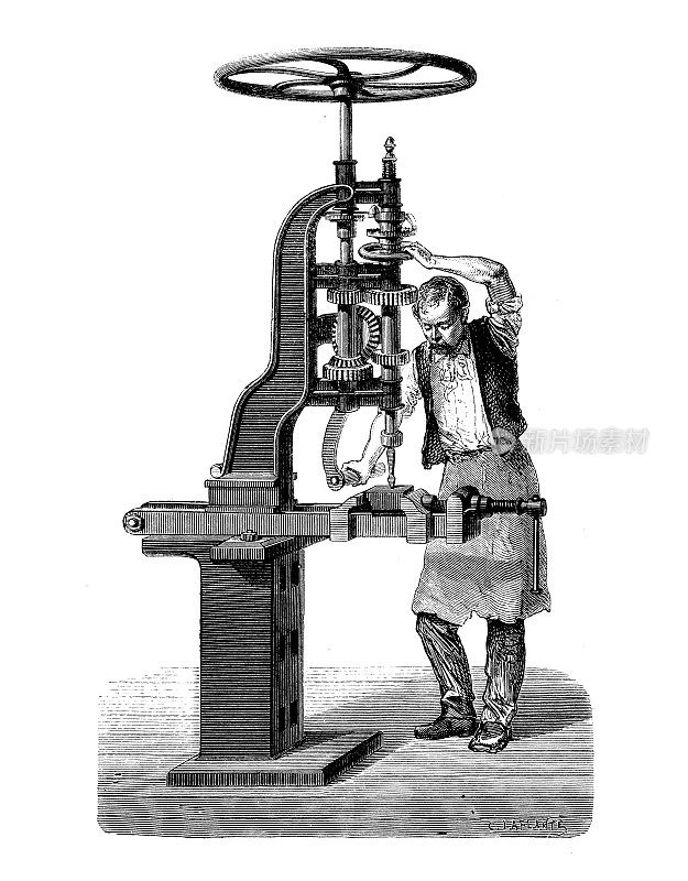 19世纪工业、技术和工艺的古董插图:钻孔机
