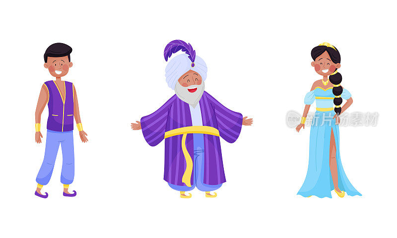 阿拉伯童话人物与阿拉伯男人和女人穿着花哨的服装向量集
