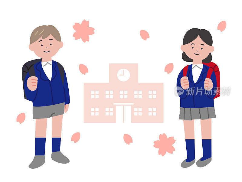 一个男孩和一个女孩背着书包进入小学的插图