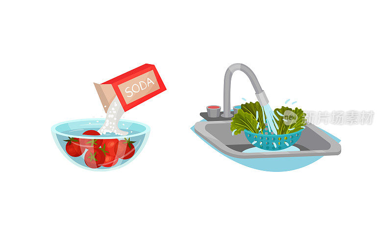 用自来水清洗绿色莴苣叶，并在碗中倒入苏打与番茄作为蔬菜烹饪过程向量集