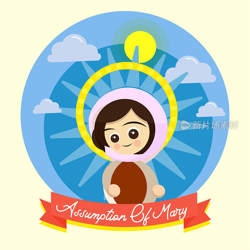 快乐圣母日矢量插图贺卡，上帝圣母玛利亚绘画，宗教海报，8月15日，重要的一天