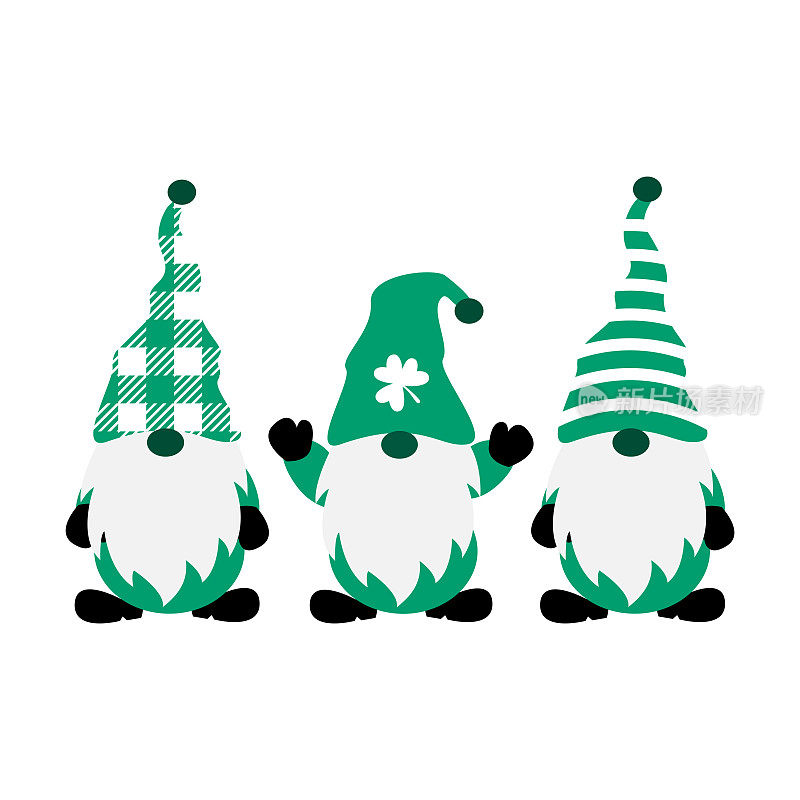 圣帕特里克节绿矮妖、地精、三叶草和水牛。绿色的帽子。圣帕特里克节爱尔兰侏儒卡通风格
