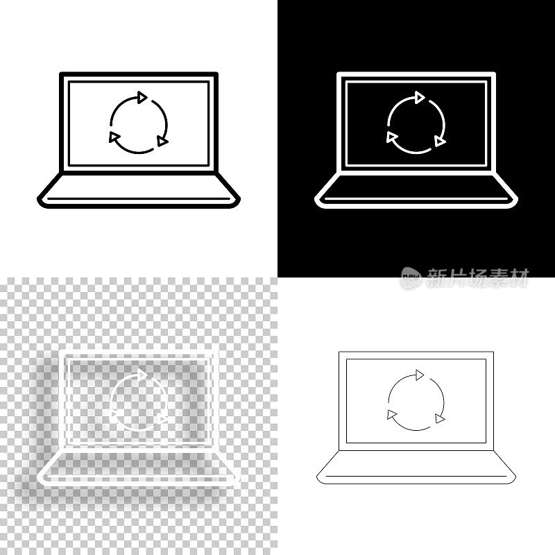 刷新或重新加载笔记本电脑。图标设计。空白，白色和黑色背景-线图标