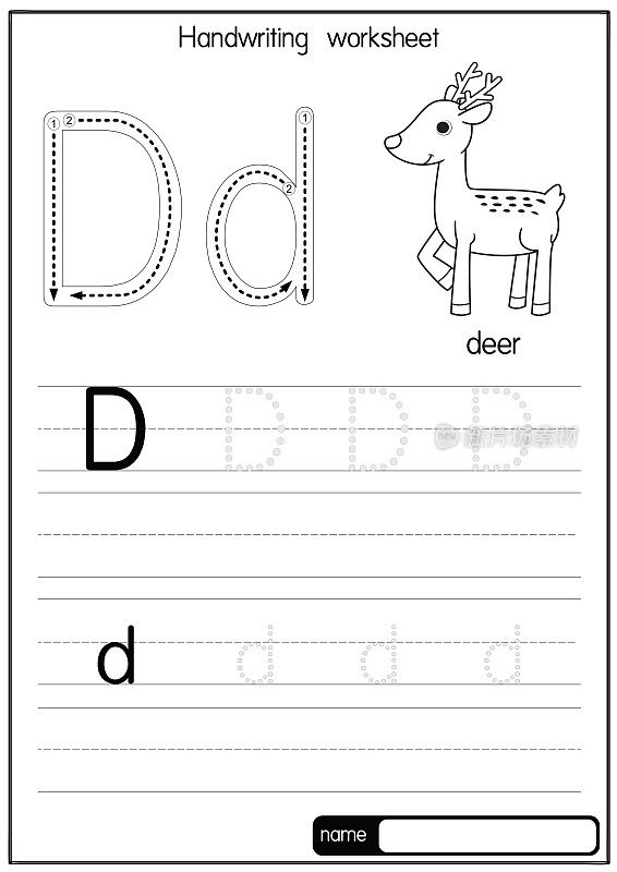黑白矢量插图鹿与字母D大写字母或大写字母的儿童学习练习ABC