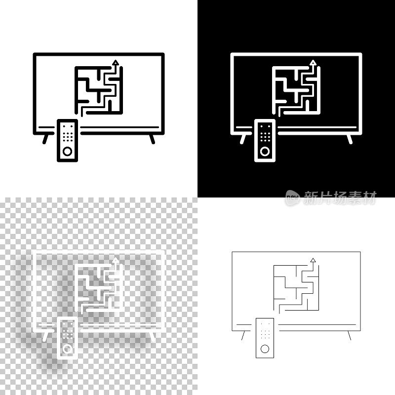 电视与迷宫。图标设计。空白，白色和黑色背景-线图标