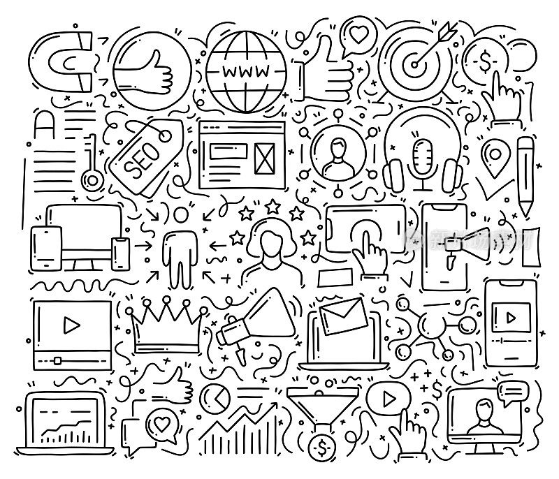 入站营销相关的对象和元素。手绘矢量涂鸦插图集合。手绘图案设计