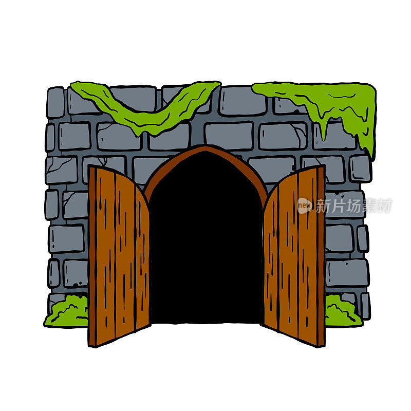 城堡的门。童话城堡或中世纪石墙的入口。木扇敞开的门。卡通手绘插图