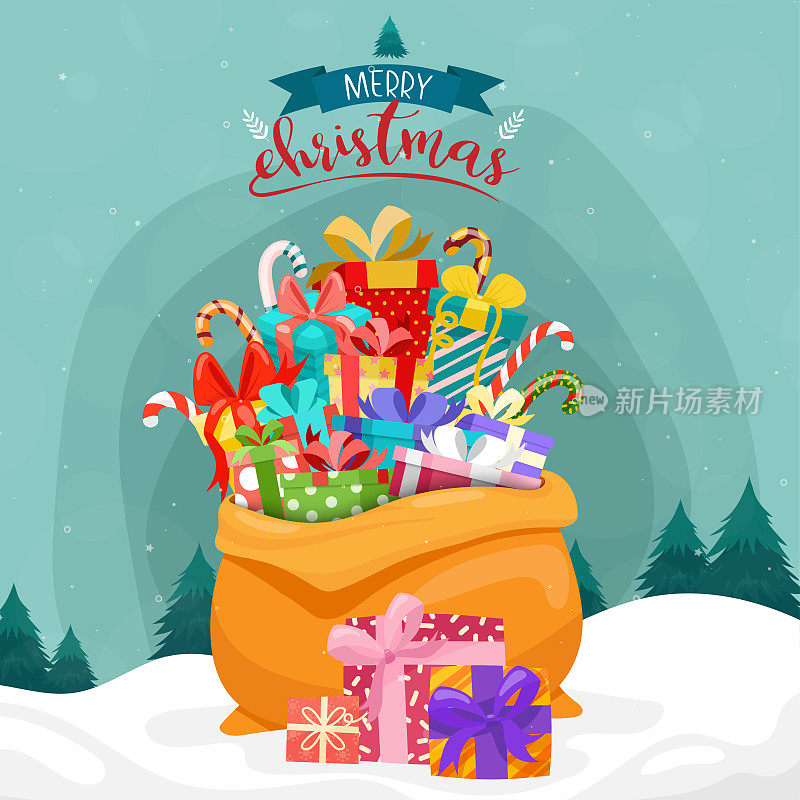圣诞贺卡与礼物在一个大袋子上的雪和松树的背景