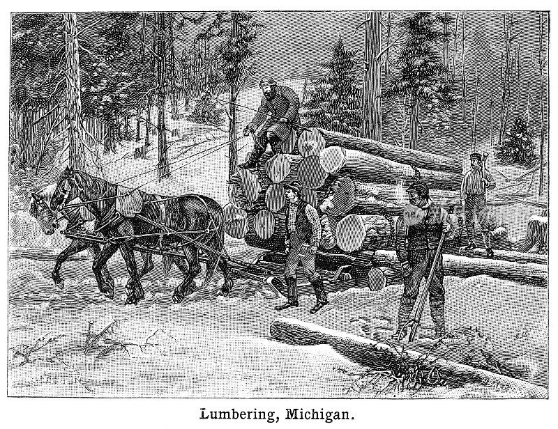 密西根州伐木业――1898年,雕刻黑白