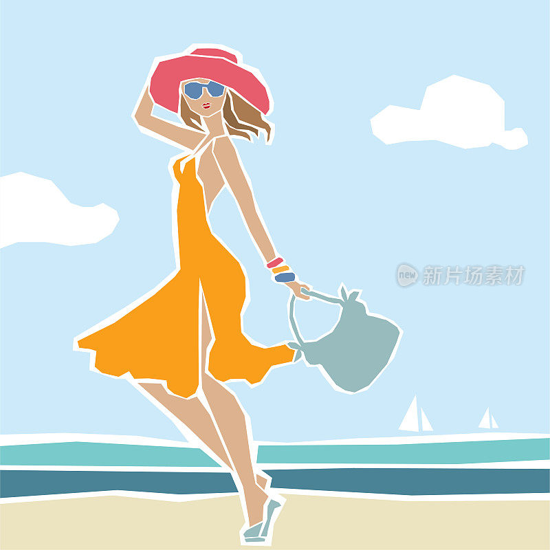 剪纸风格的时尚时尚的女人走在夏天的海滩上