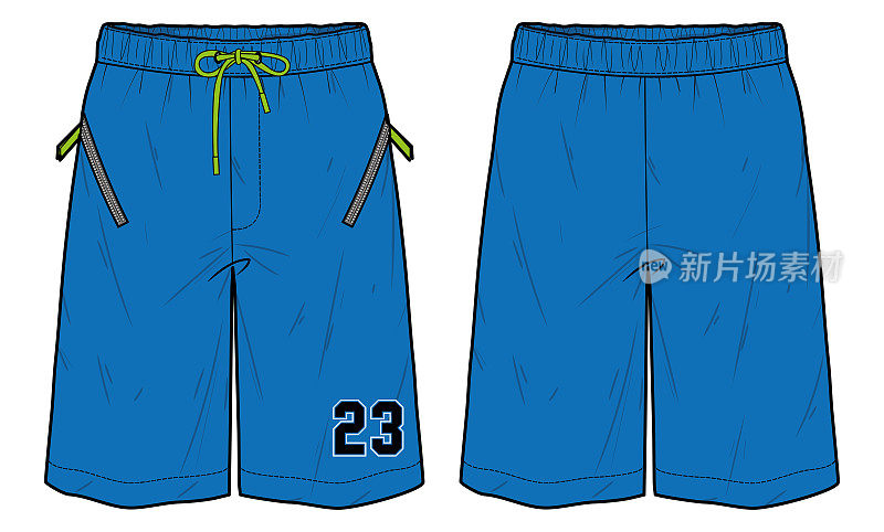 篮球短裤设计平面素描矢量插图与前后视图的拳击，足球，足球，排球，橄榄球，网球，羽毛球和超大的活动穿短裤设计。